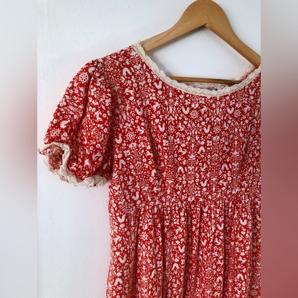 Vintage Rare 60s Unicorn Floral Folk Print Prairie Dress / Ruffles Puff Sleeves - Picture 10 of 15